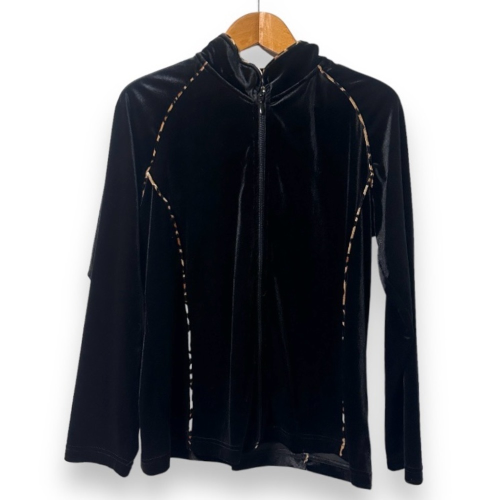 Coldwater Creek Black Velour Track Jacket Cheetah Print Trim Women’s Size Medium
